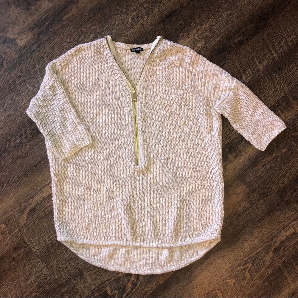 Cream Zippered Short Sleeve Express Sweater